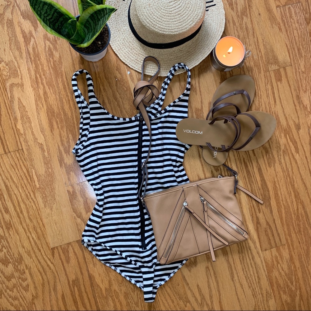 Forever 21 black and white stripped bodysuit/bag